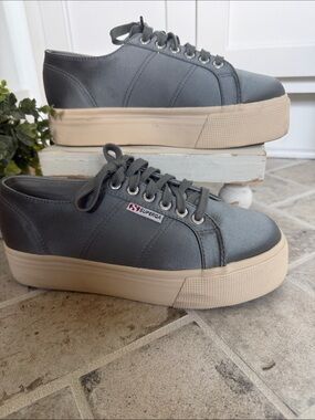 Superga 2790 Gray Satin Platform Sneakers with Cream Sole | Size 8 | New